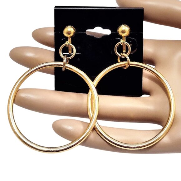 2 3/8" Round Ring Hoop Clip On Earrings Gold Tone Vintage Extra Large Dangle - Picture 3 of 3